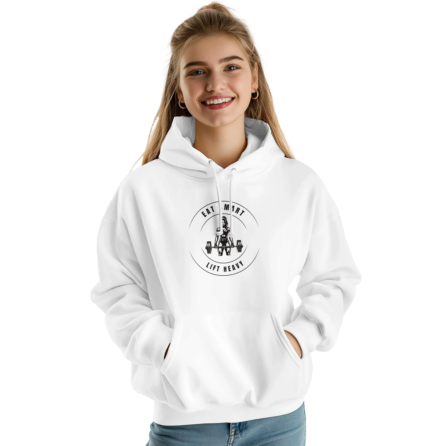 Young fitness women wearing the Eat Smart Lift Heavy pullover hoodie.